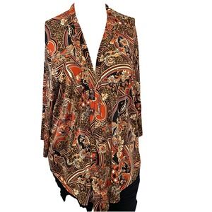 Anna Maxwell Slink Knit Open Cardigan Woman‎ 3X Orange Brown Floral 3/4 Sleeve